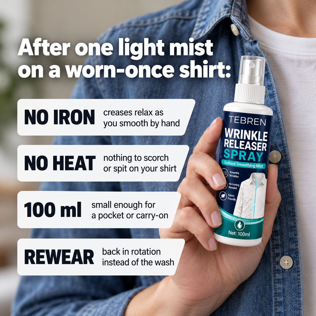 TEBREN Rewear Spray — Crease-Release & Refresh Mist (50 ml)
